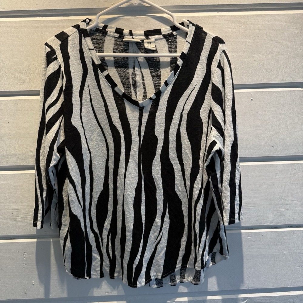 Rachel Zoe 3/4 sleeved Top Women Size 1X Black White Linen Zebra Animal Print